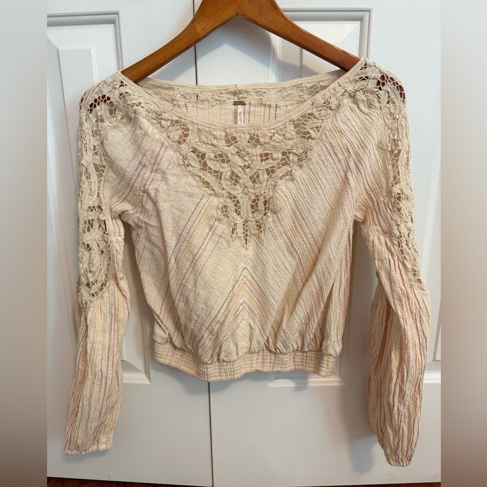 Free People Womens Cotton Crochet Floating Memories Stripes Top Sz XS